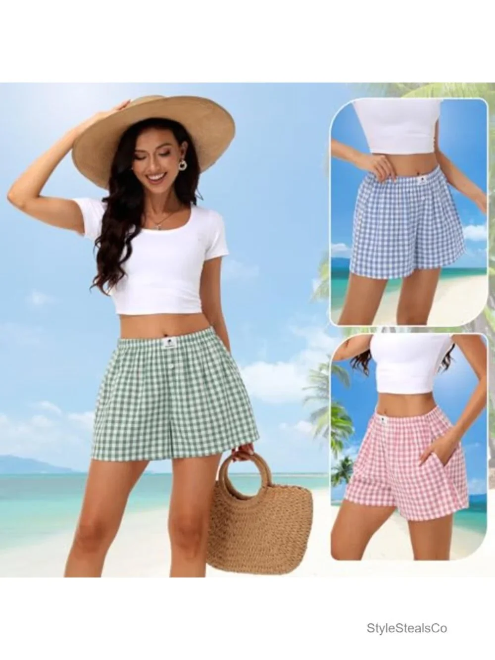 3pk Women Cotton Gingham Boxer Pajama Shorts with Pockets Y2K Lounge